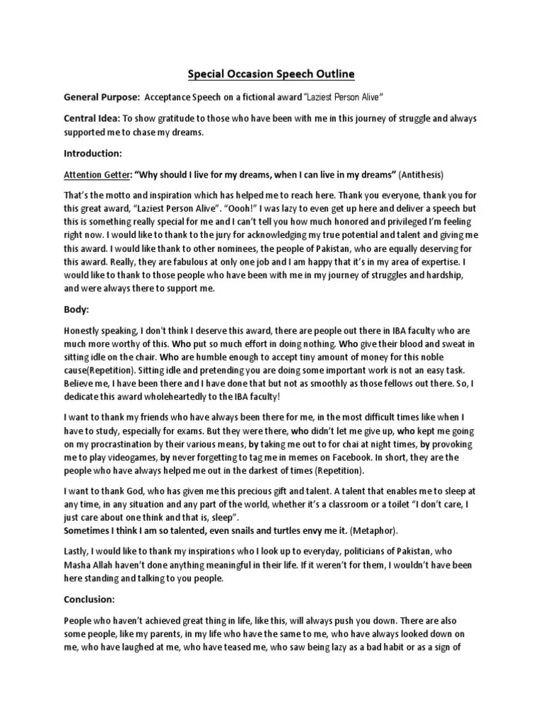 Special Occasion Speech Outline PDF