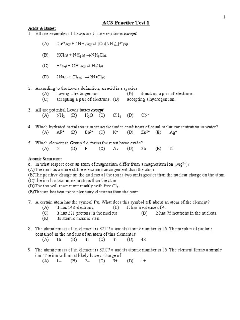 ACS Practice Test 1 Chemical Equilibrium Chemical Reactions