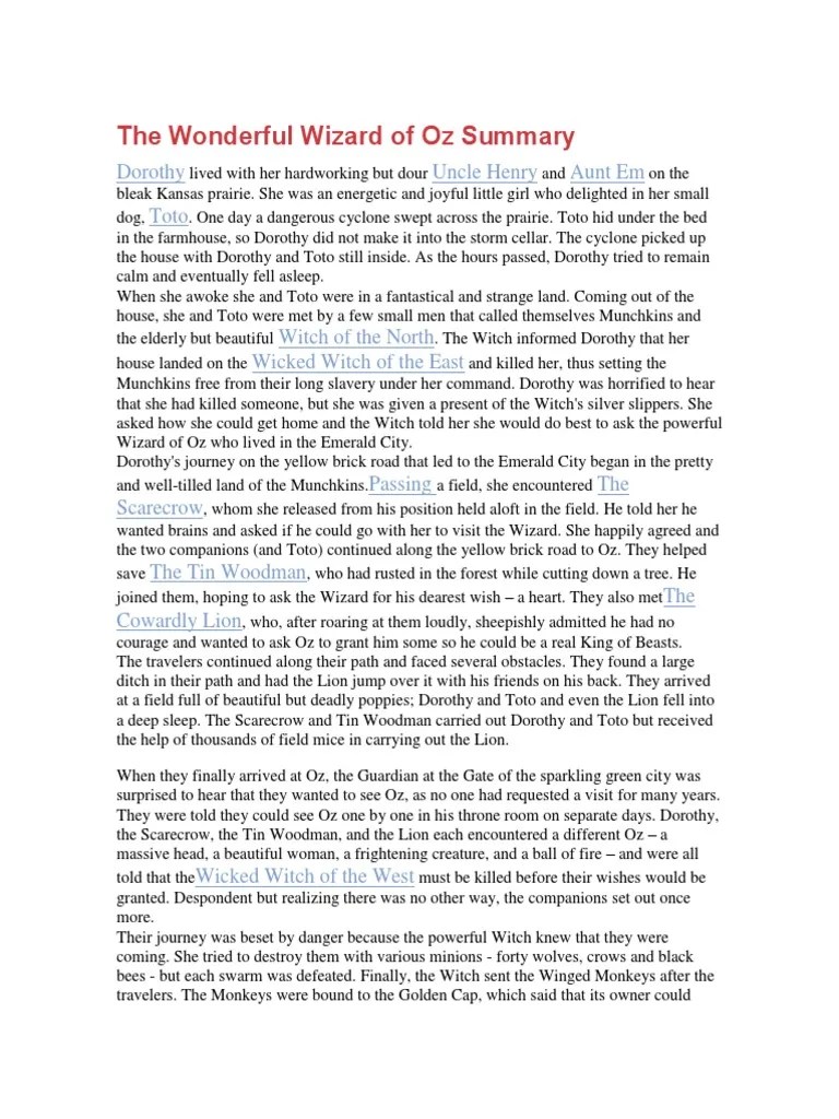 The Wonderful Wizard of Oz Summary PDF Dorothy Gale The Wonderful