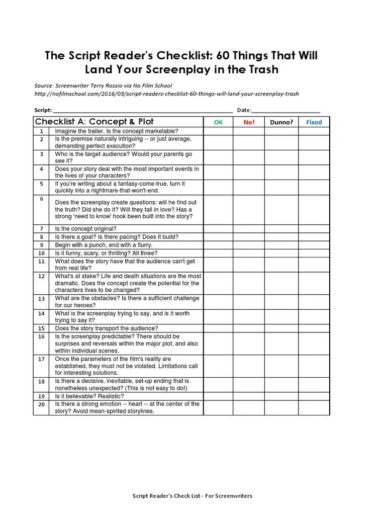 Script Reader's Checklist for Screenwriters Screenplay Plot (Narrative)