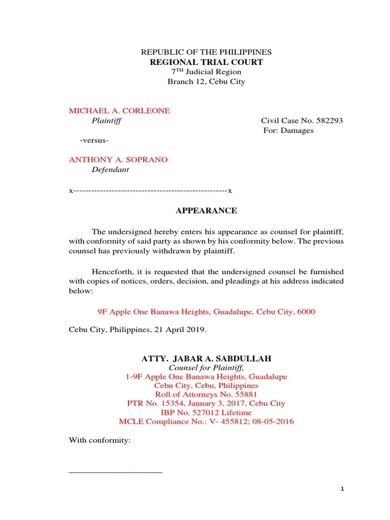 B. Notice of Appearance of Counsel PDF
