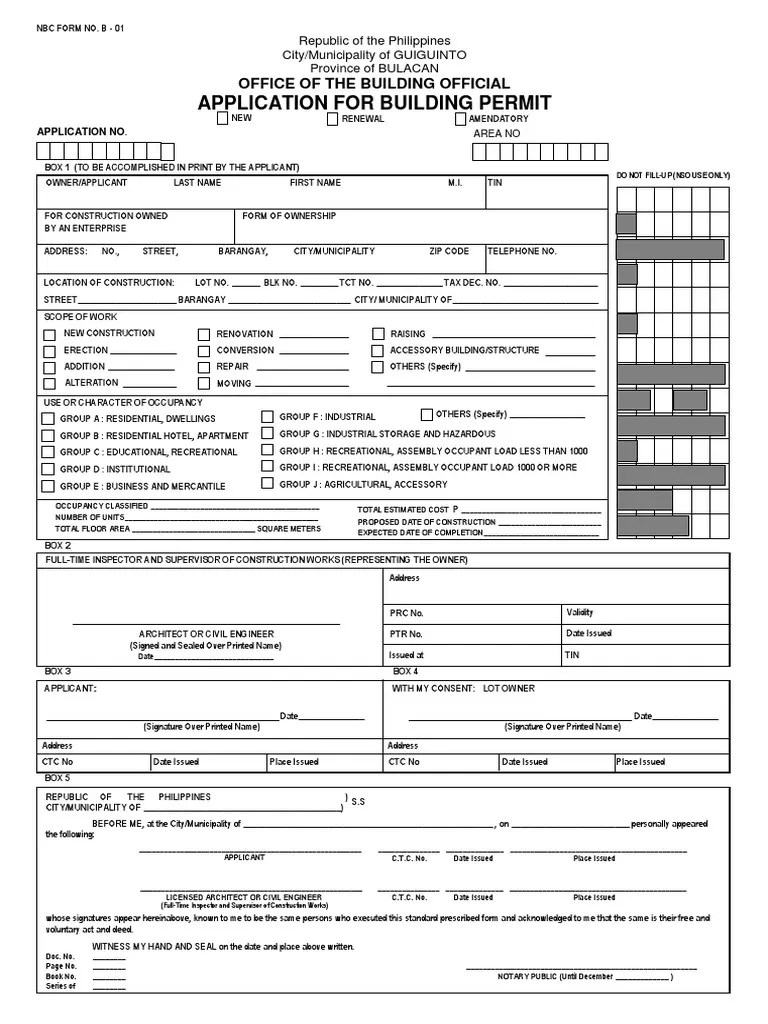Application For Building Permit Office Of The Building Official