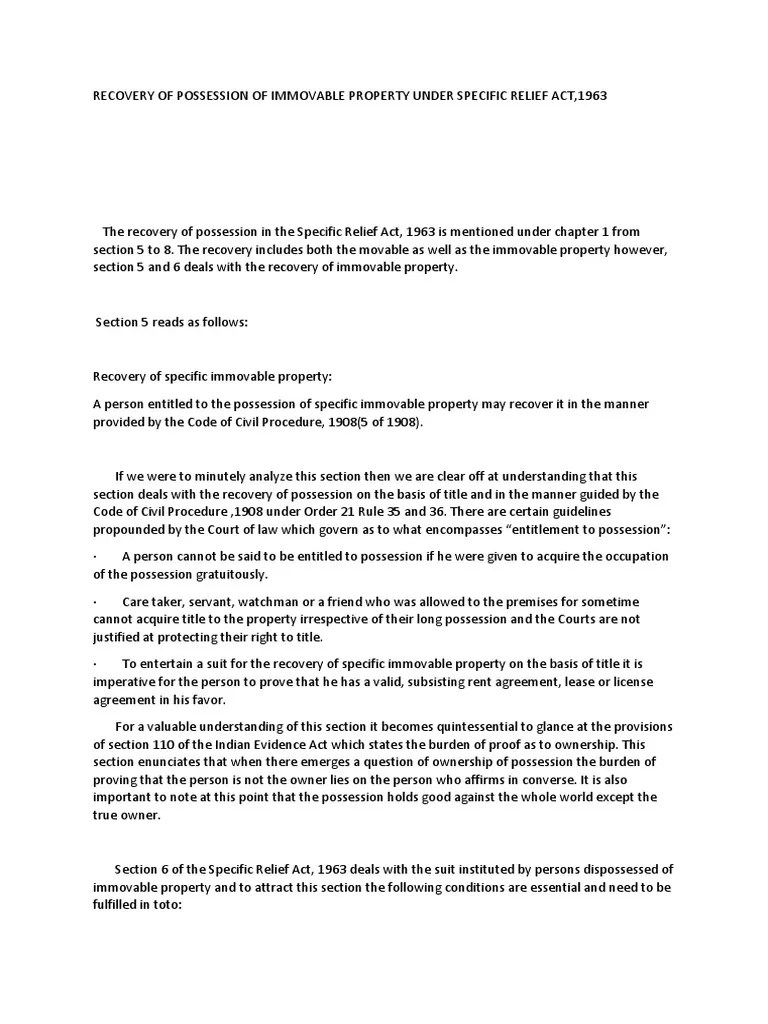 Recovery of Possession of Immovable Property Under Specific Relief Act