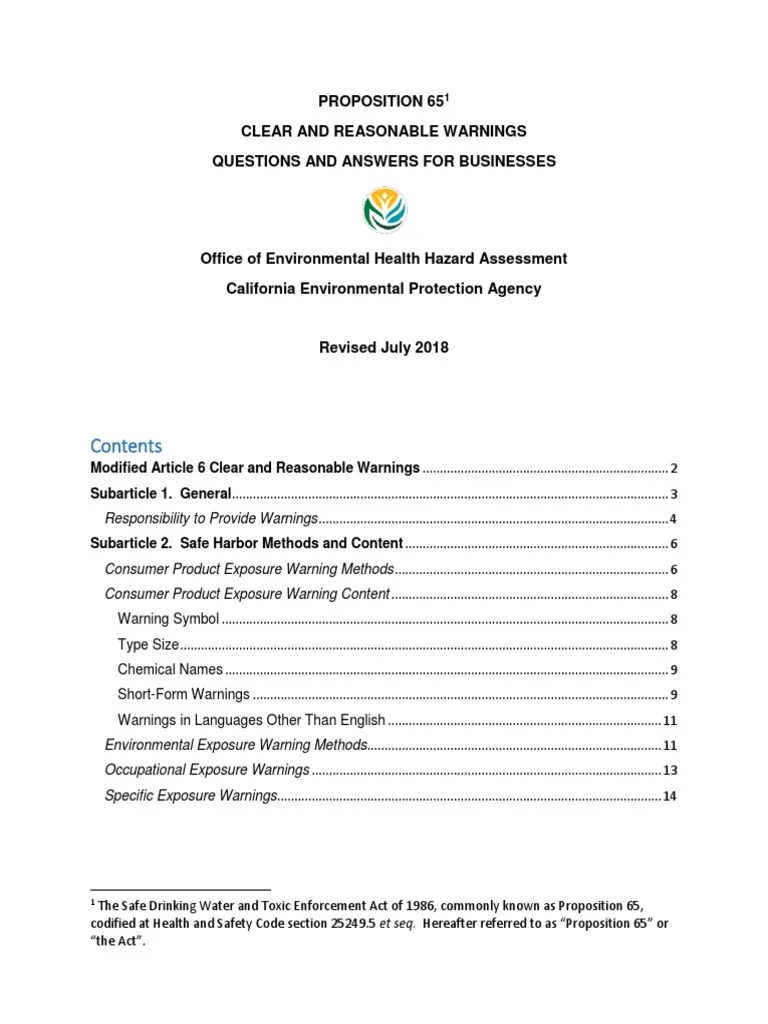 Proposition 65 Clear and Reasonable Warnings Questions and Answers For Businesses PDF