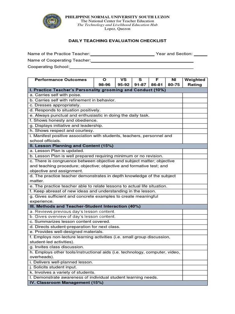 Daily Teaching Evaluation Checklist Lesson Plan Teachers Free 30