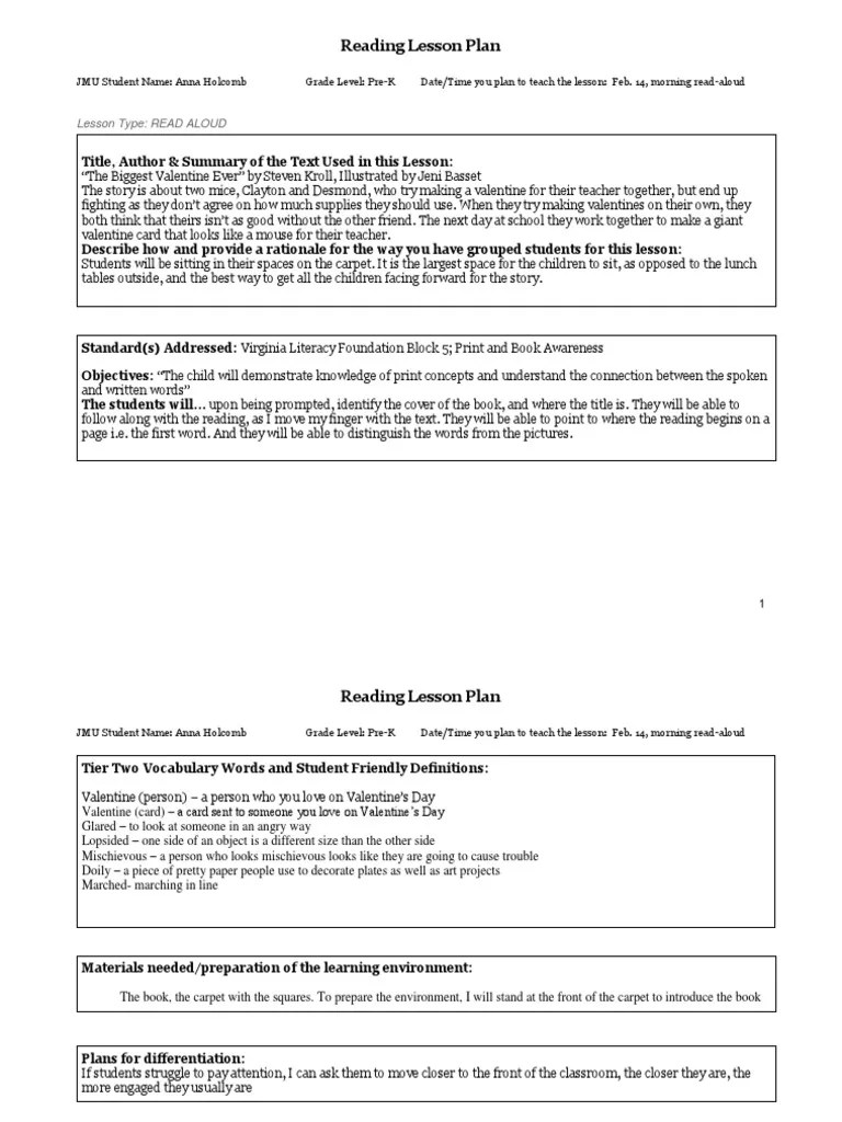 Jmu Lesson Plan Read Aloud PDF Lesson Plan Books