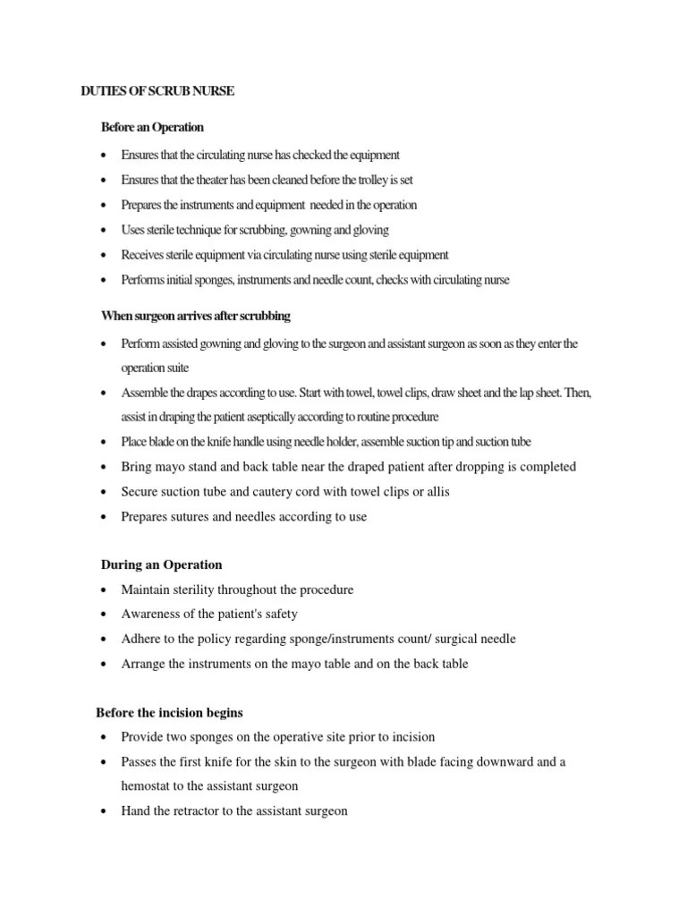 Duties of Scrub Nurse PDF Surgery Health Care