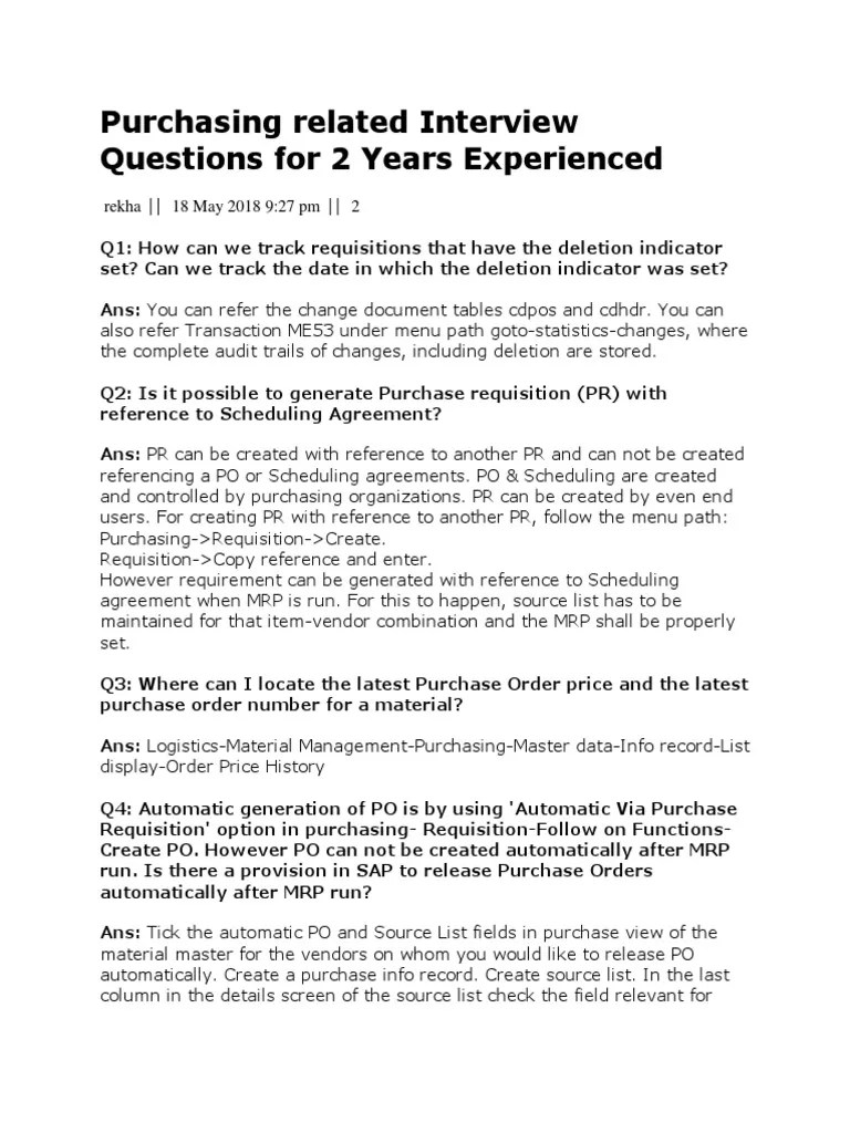 Purchasing Related Interview Questions For 2 Years Experienced PDF