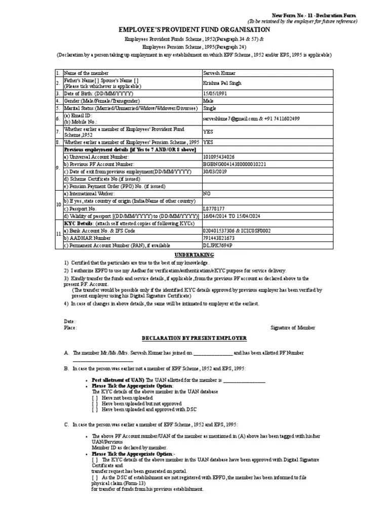 Form No. 11 Declaration Form PDF Government Business