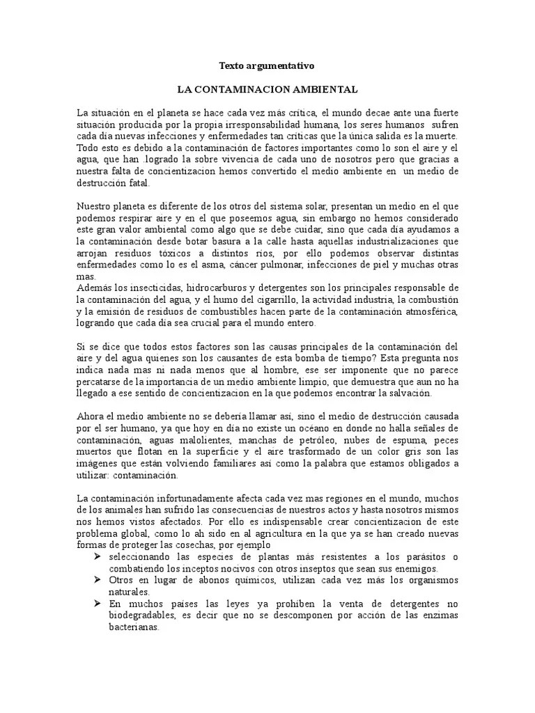 Texto Argumentativo Contaminacion Ambiental Contaminación Agua