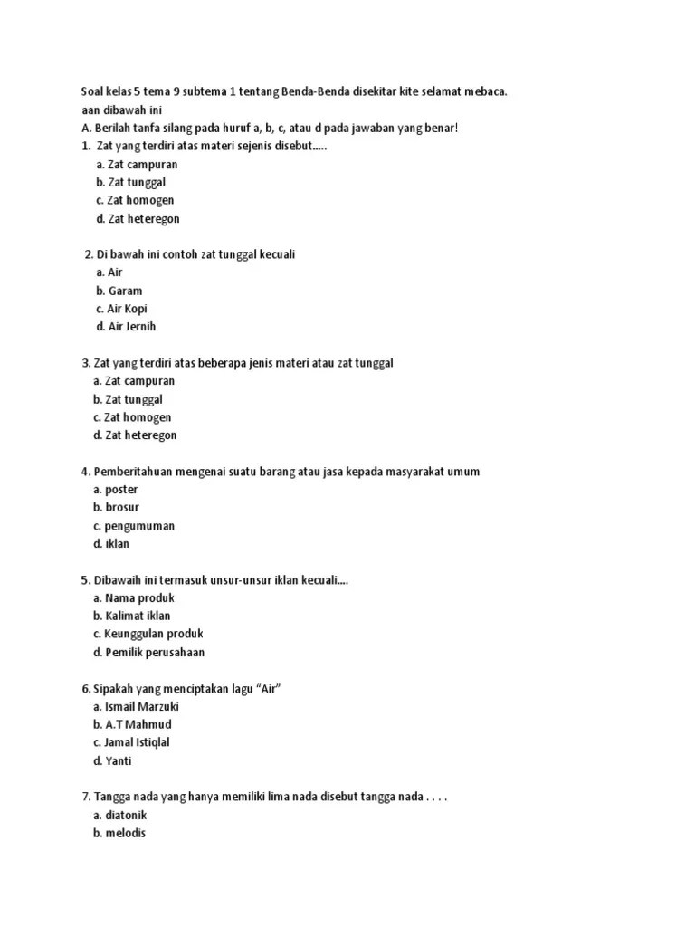 Soal Kelas 5 Tema 9 Subtema 1 Tentang Benda | PDF