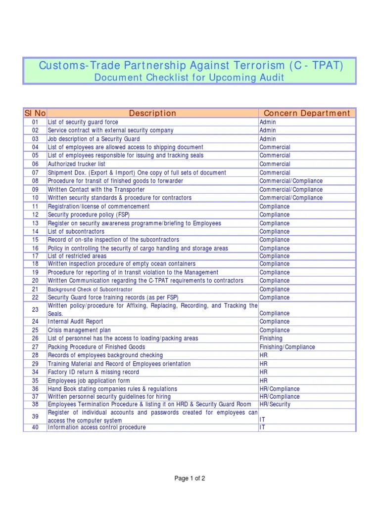 Document Checklist For C TPAT Audit PDF PDF Security Guard
