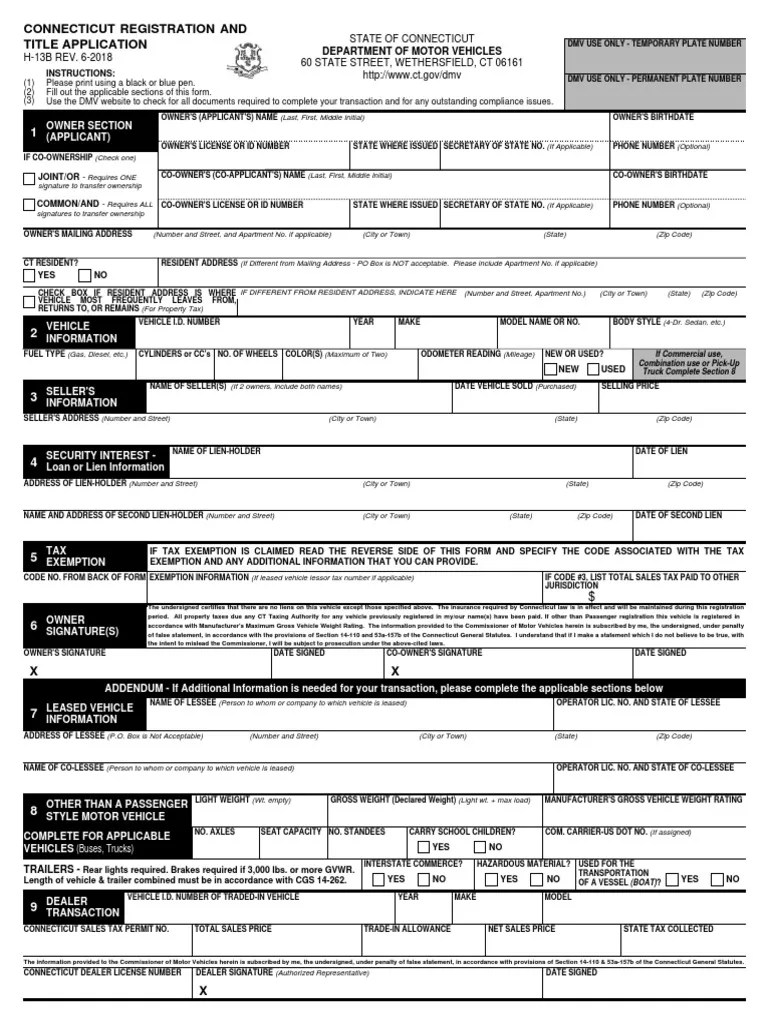 Connecticut Registration and Title Application Department of Motor Vehicles PDF Department