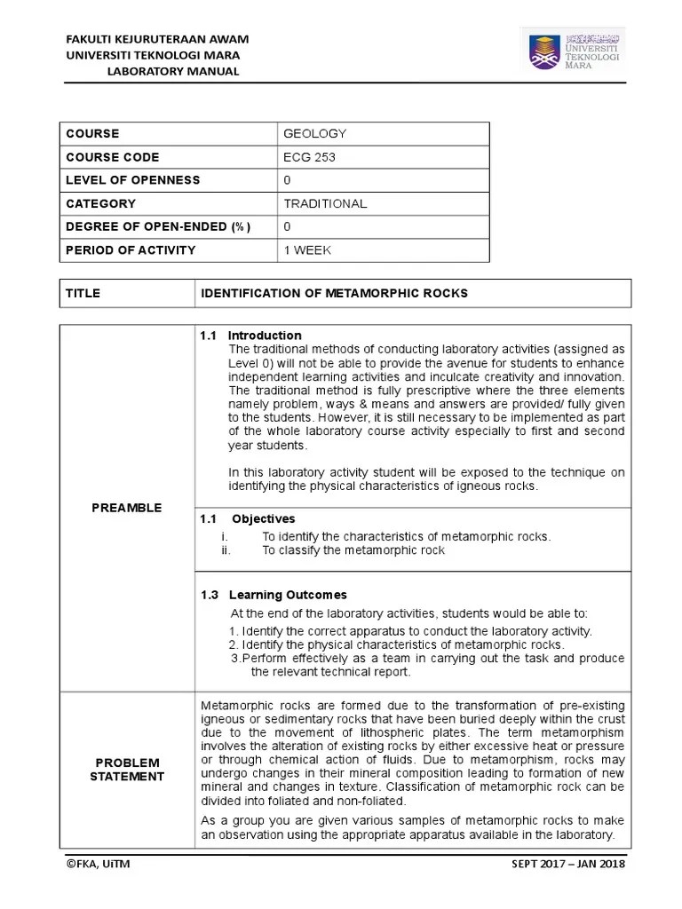 Lab 4 - Identification of Metamorphic Rocks (Level 0) | PDF | Rock