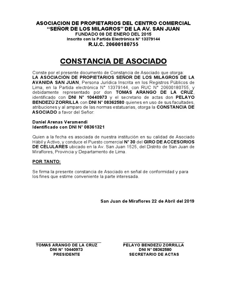 Modelo de Constancia de Asociado