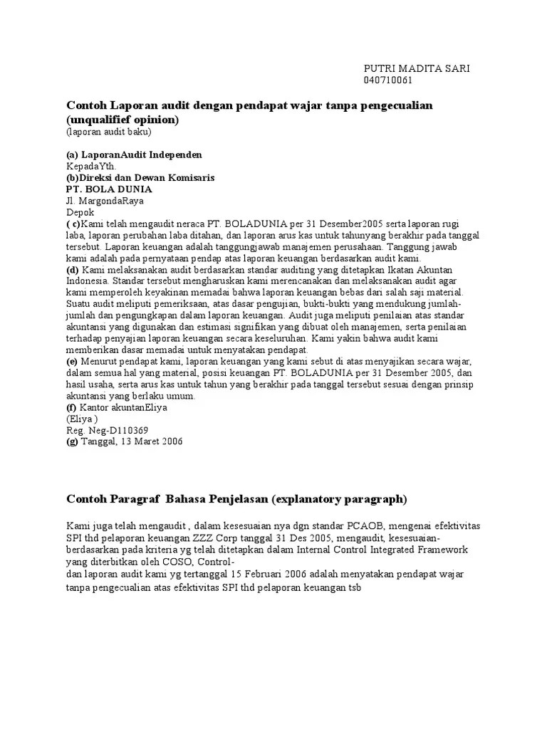Contoh Kasus Opini Audit Wajar Tanpa Pengecualian - Contoh Surat