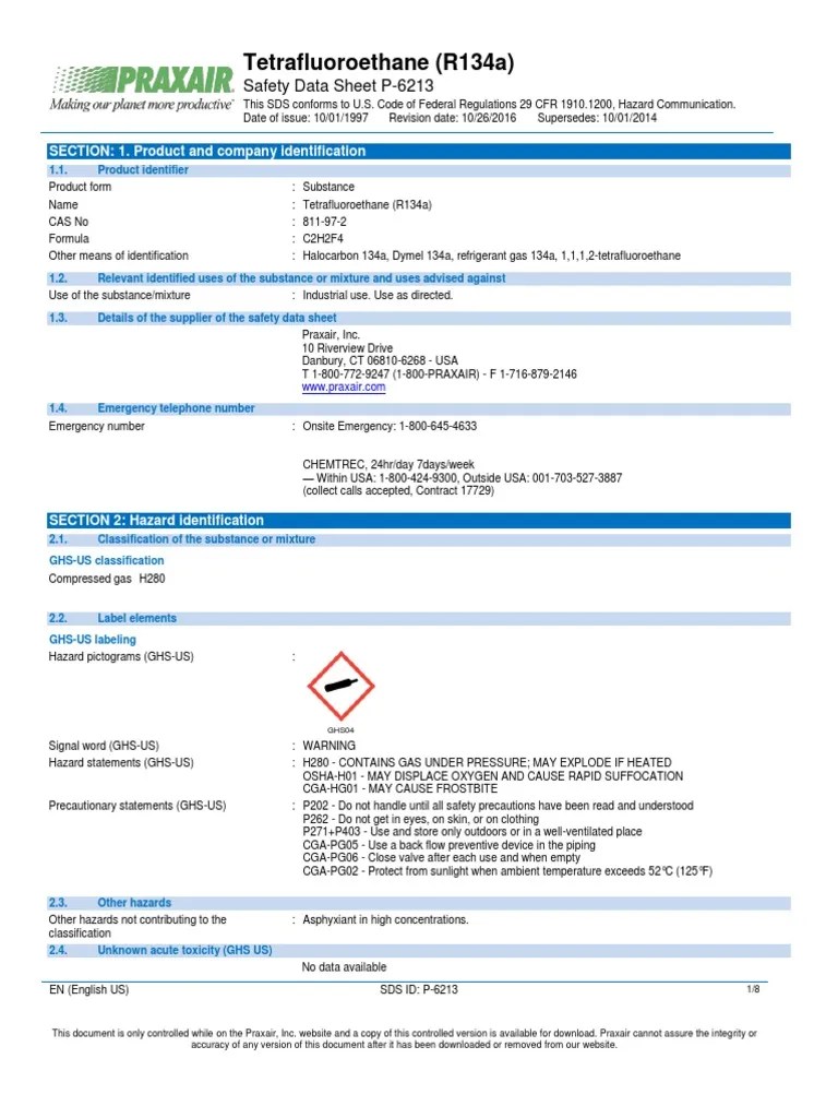 Halocarbon 134a c2f4h2 Safety Data Sheet Sds p6213 PDF Firefighting