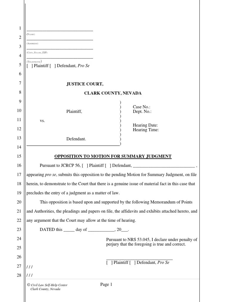 Opposition to Motion for Summary Judgment Generic Nonfillable Summary