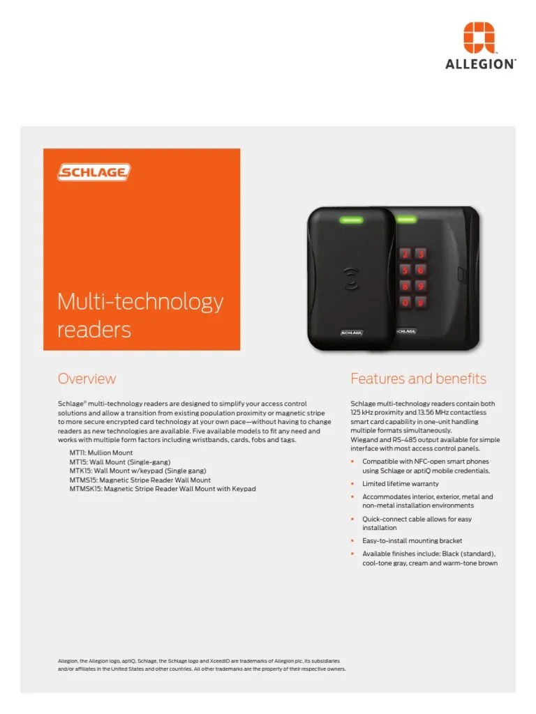 Schlage Multi Technology Readers Data Sheet 105354 Access Control