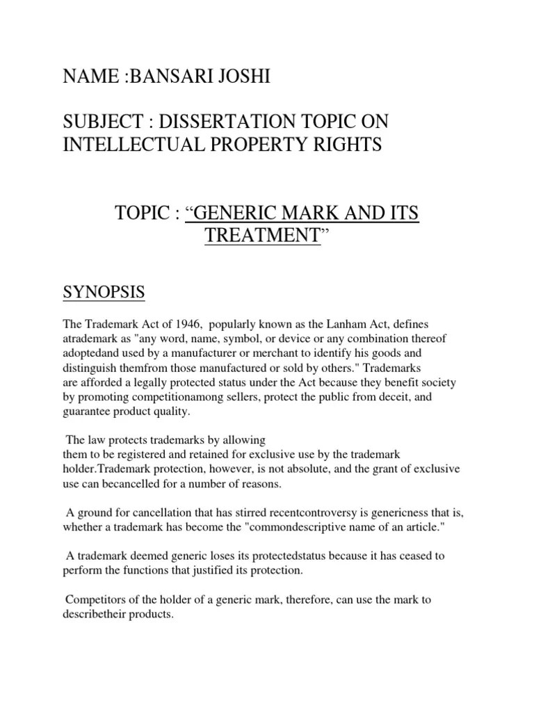NameBansari Joshi Subject Dissertation Topic On Intellectual Property