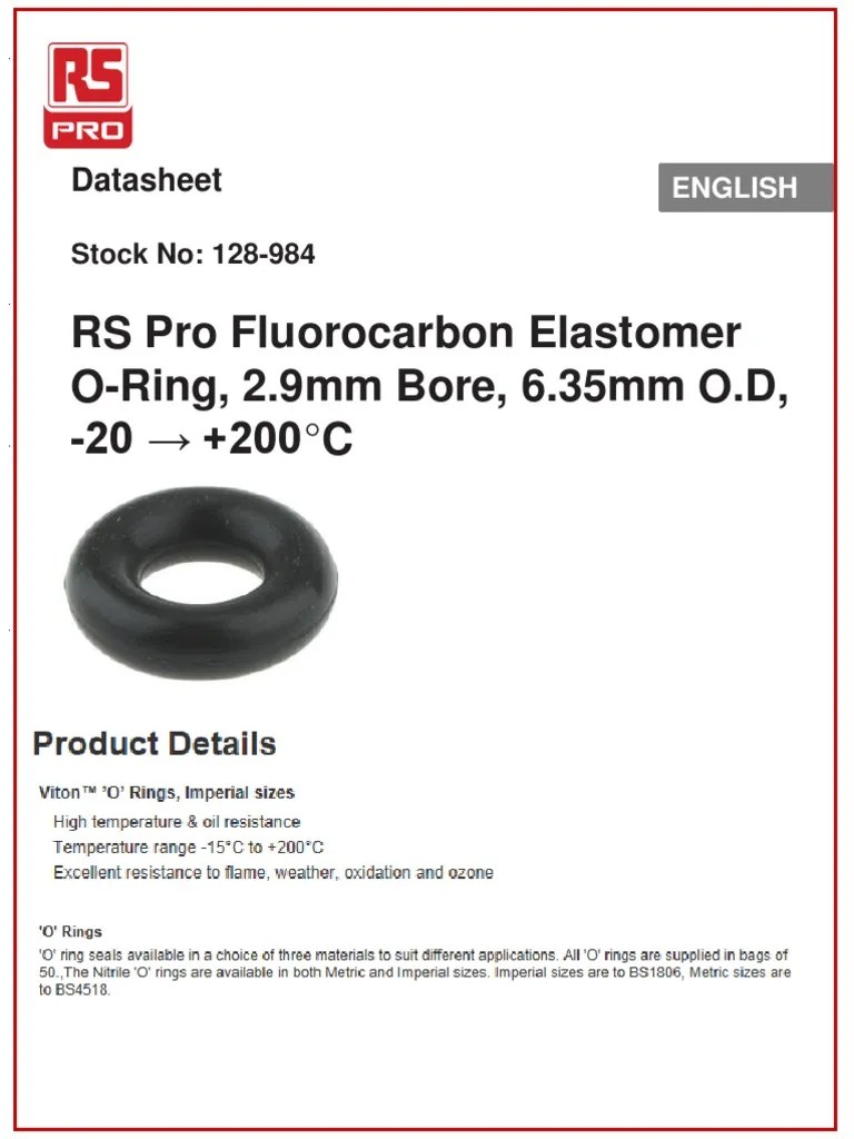 RS Pro Fluorocarbon Elastomer ORing, 2.9mm Bore, 6.35mm O.D, 20 +200