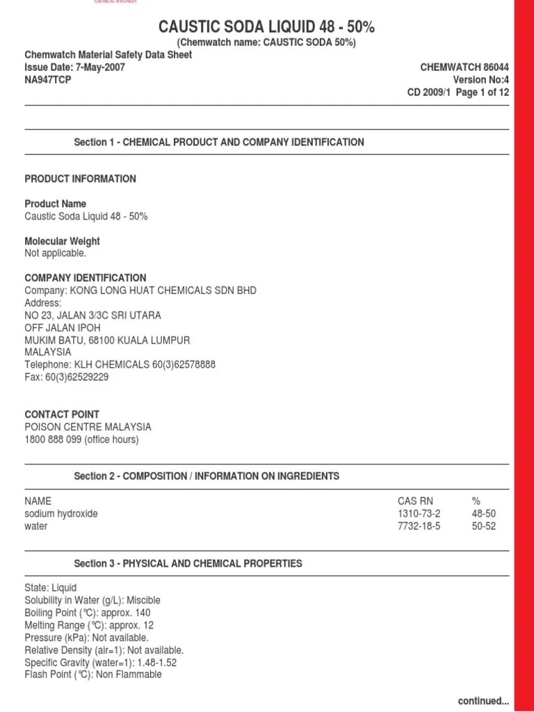Caustic Soda Liquid 4850 PDF Sodium Hydroxide Toxicity