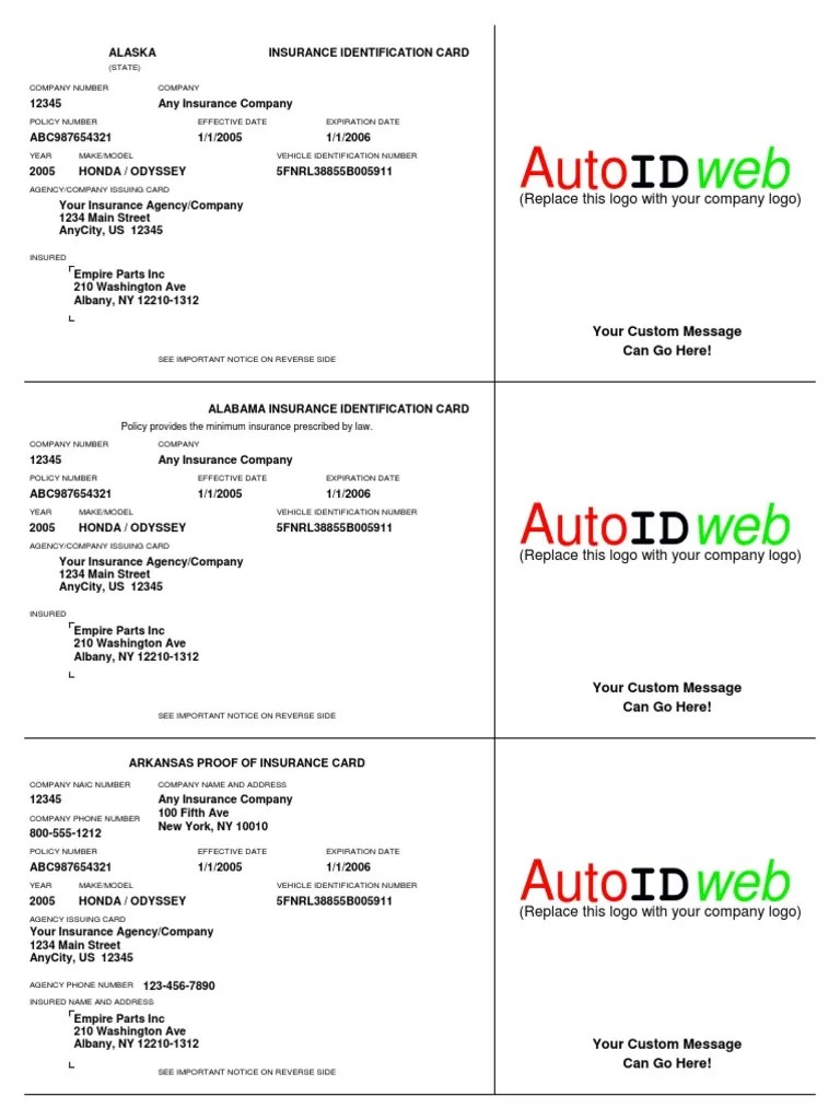 Sample Auto Insurance Card Template Vehicle Insurance Liability