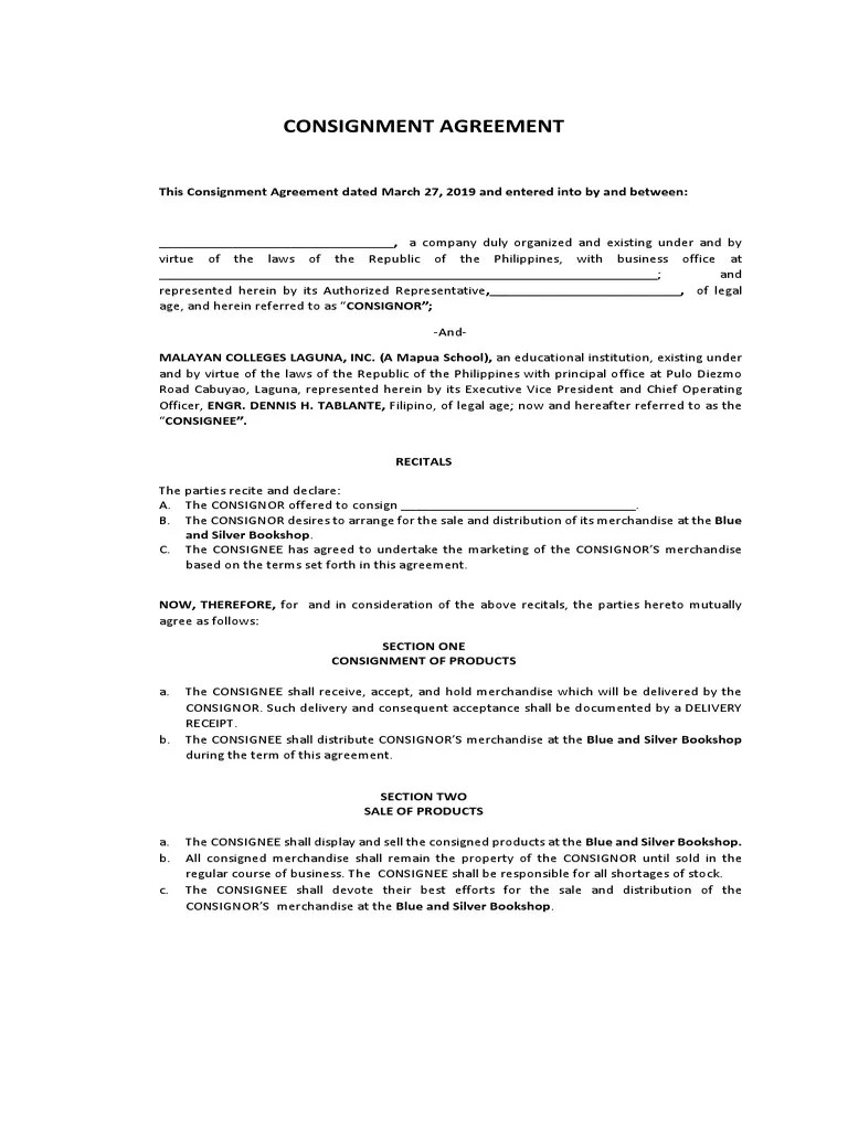 Agreement Consignment Sample PDF Receipt Common Law