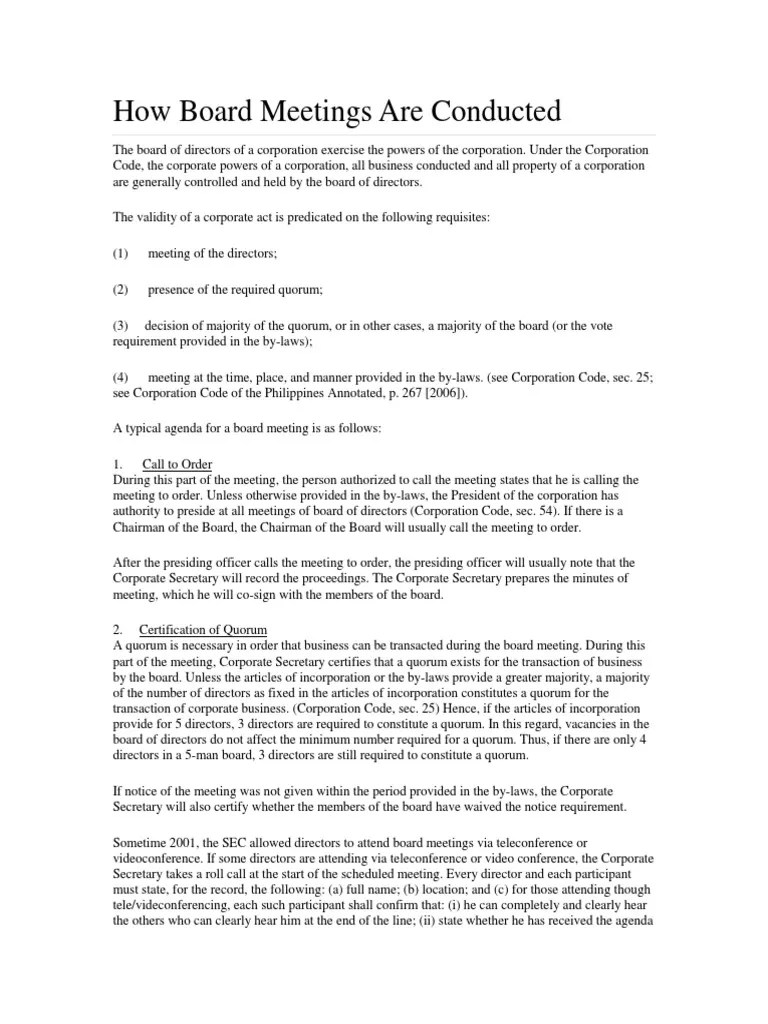 How Board Meetings Are Conducted PDF Quorum Board Of Directors
