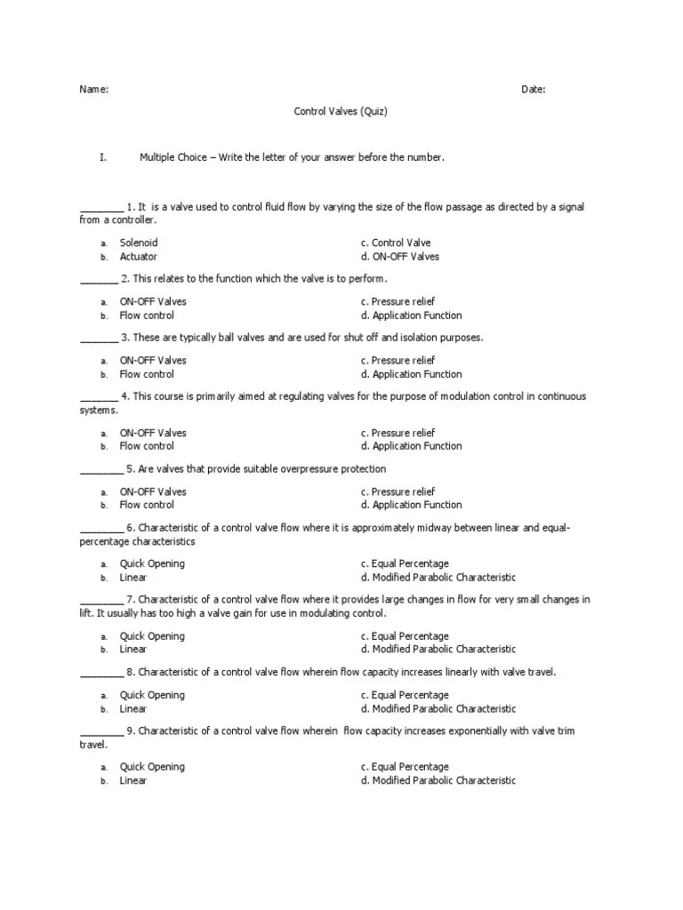 Control Valves Quiz Questions Group 5 PDF Valve Aerodynamics