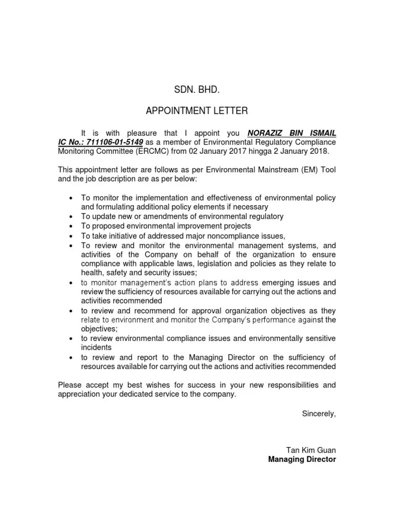 Appointment Letter (Unused) PDF Environmental Policy Regulatory