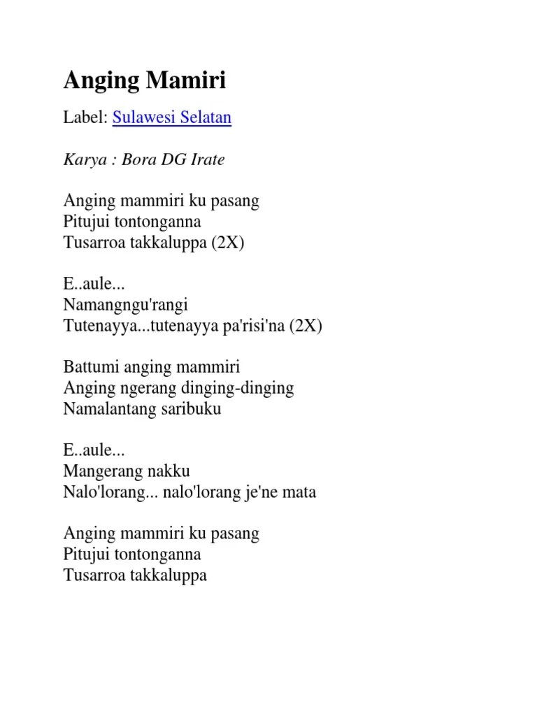 Lagu Angin Mamiri Dari Daerah