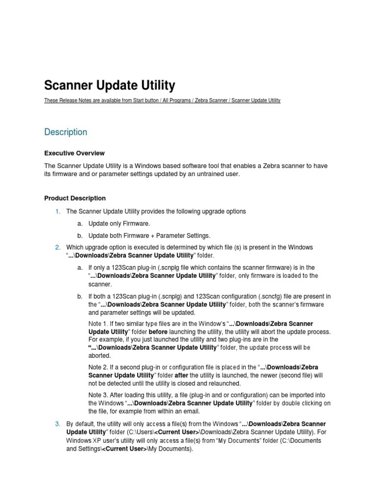 Zebra Scanner Update Utility V 1000010 Release Notes PDF Microsoft Windows Installation