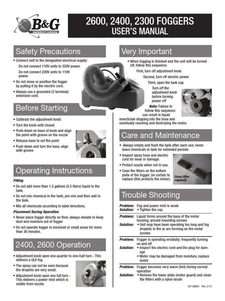 2600, 2400, 2300 FOGGERS User'S Manual PDF Mechanical Engineering