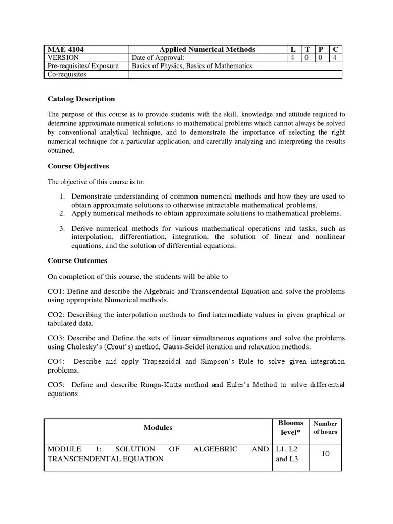 MAE 4104 Applied Numerical Methods L T P C Number of Hours PDF