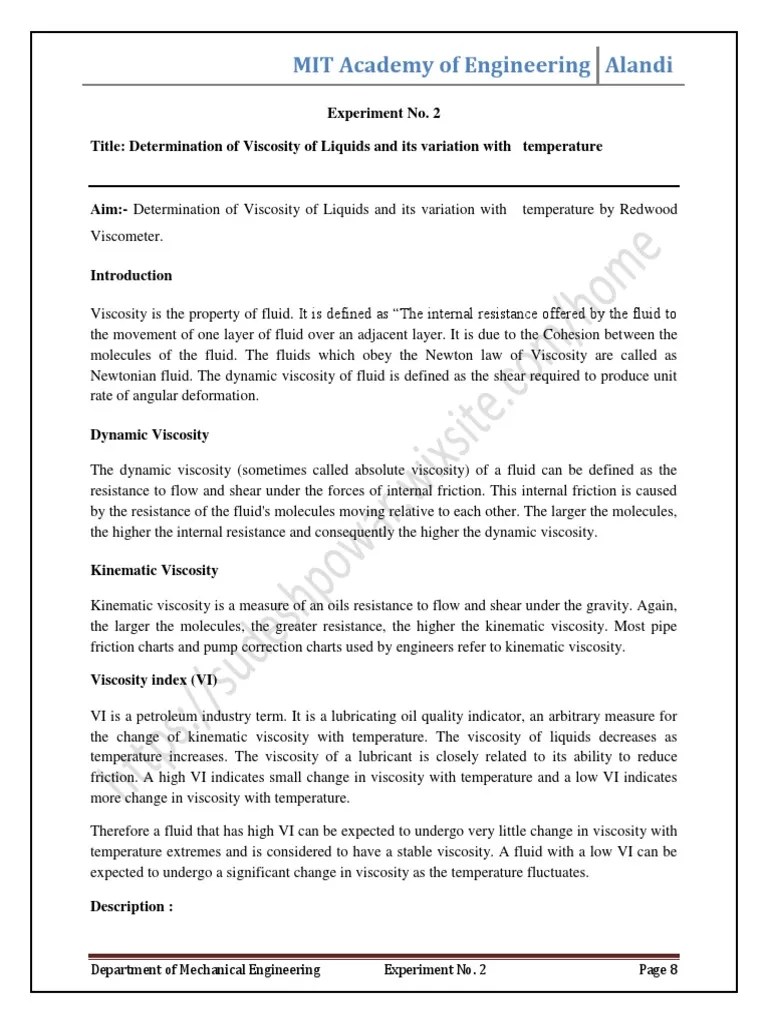 Redwood Experiment Viscosity Friction