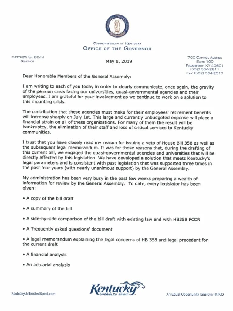 Bevin General Assembly Letter On Quasi/University Pension Bill | PDF