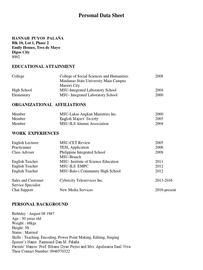 Personal Data Sheet 1 PDF Inquiry Science