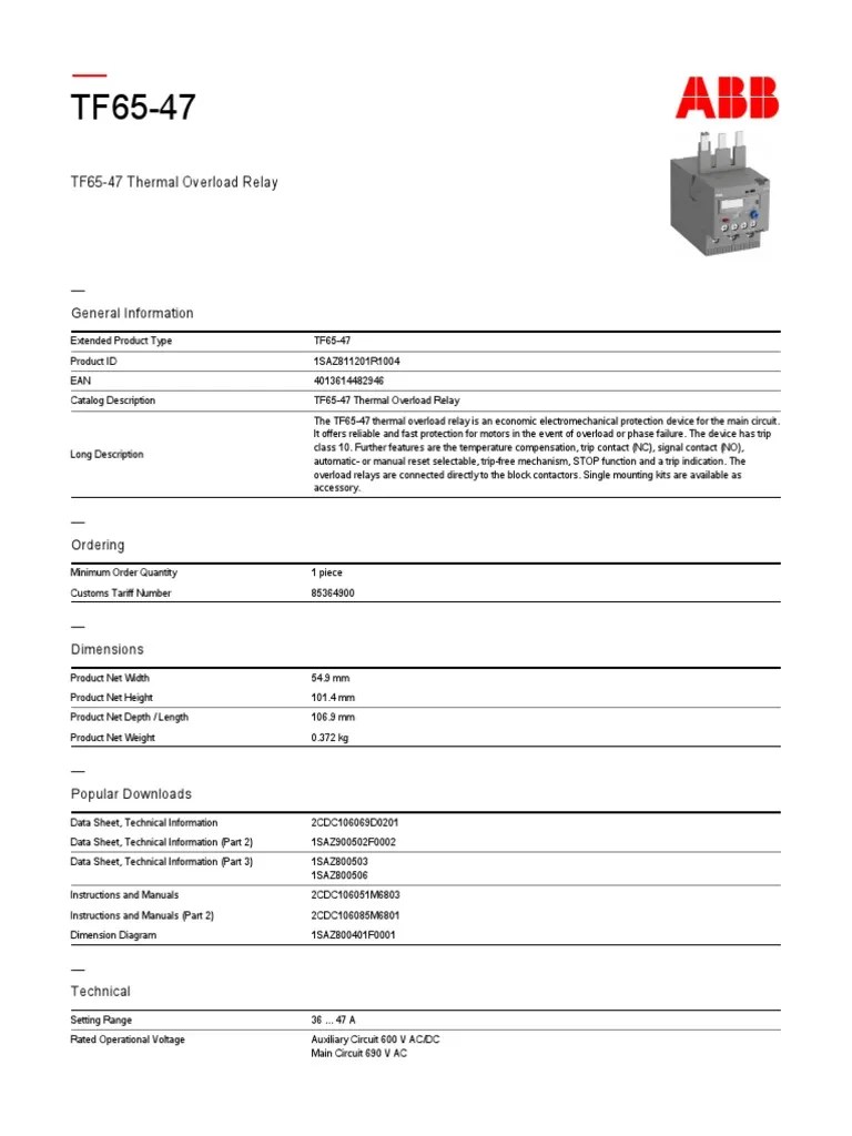 1SAZ811201R1004 Tf65 47 Thermal Overload Relay PDF Relay