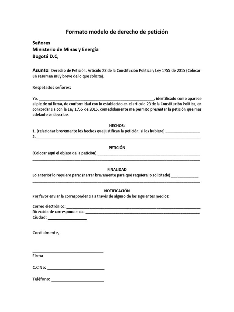 Formato modelo de derecho de petición Señores Ministerio de Minas y