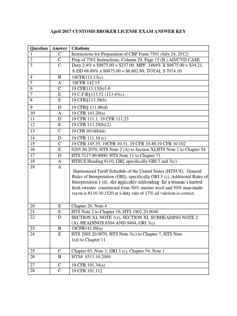 April 2017 Customs Broker License Exam Answer Key Code