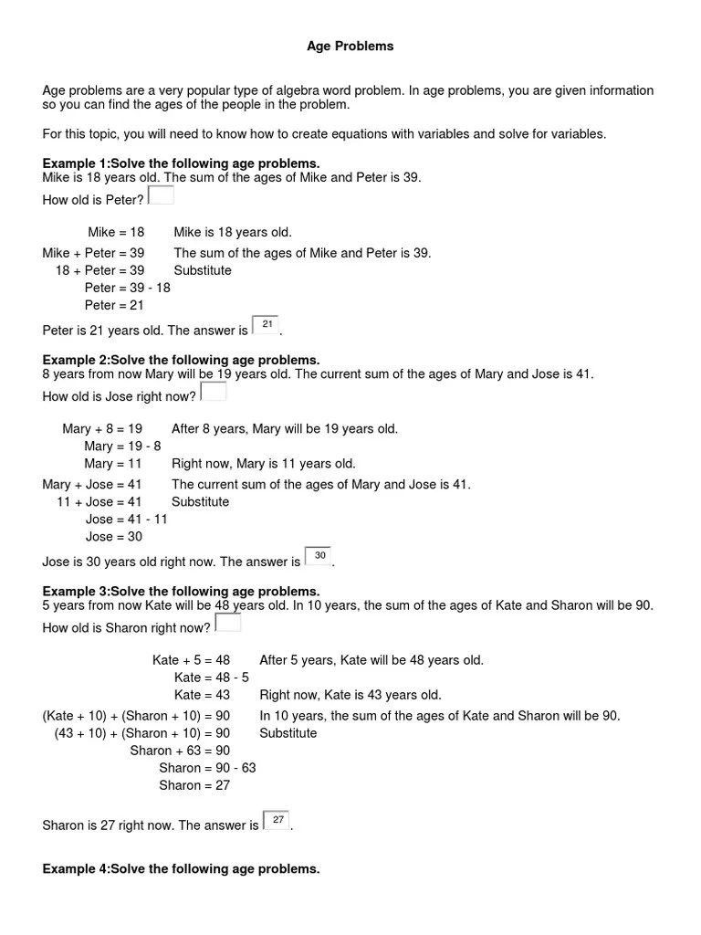 Age Problems Equations Applied Mathematics