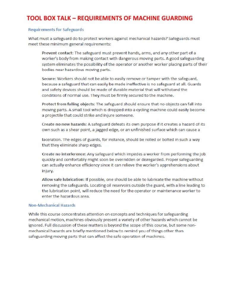 Tool Box Talk Requirements of Machine Guarding PDF