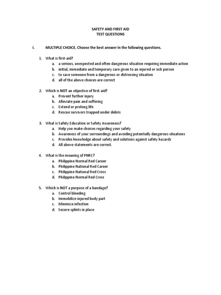 Safety and First Aid Test Questions PDF Wound First Aid