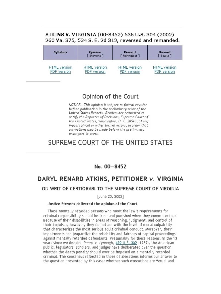 Atkins Vs Virginia PDF Eighth Amendment To The United States