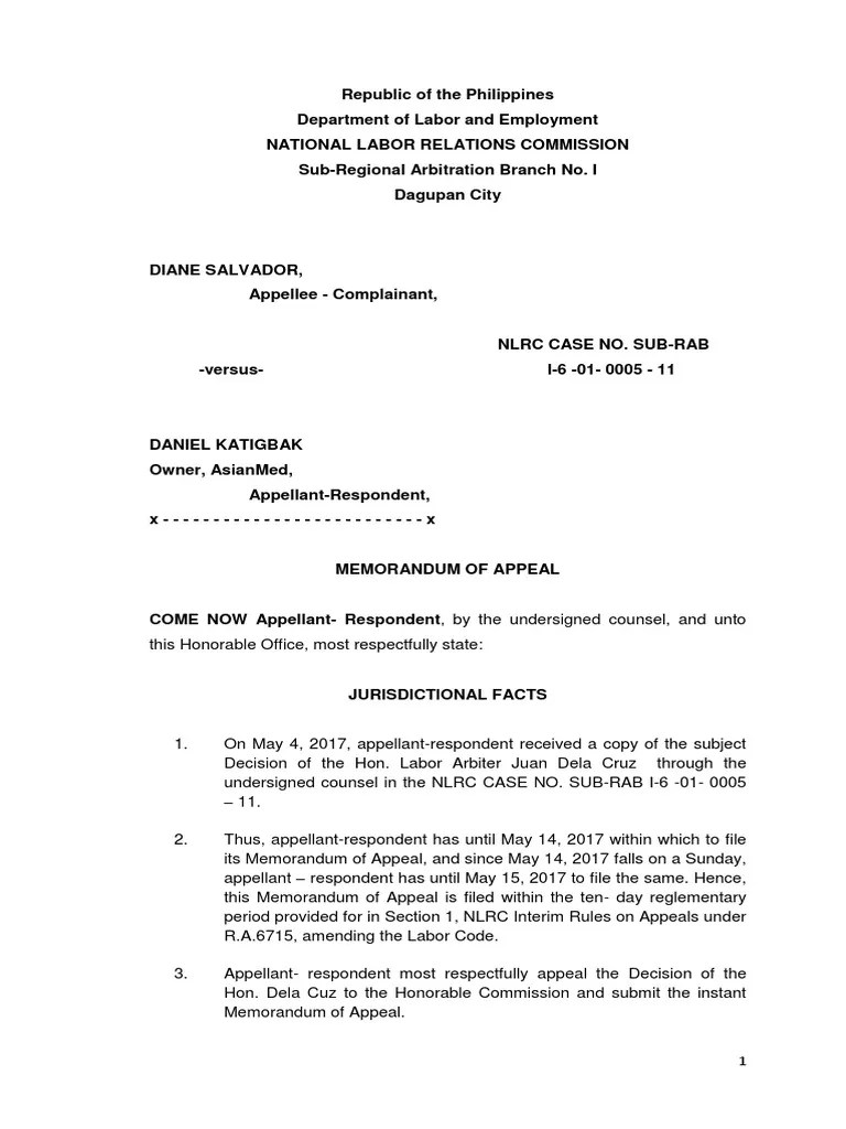 Memorandum of Appeal PDF Appeal Employment