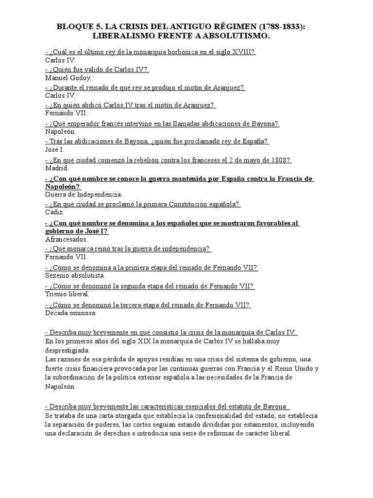 Preguntas Cortas Bloque 5 España Napoleón