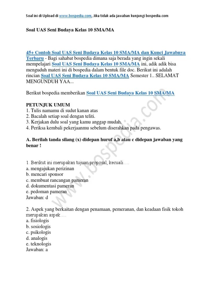 45+ Contoh Soal UAS Seni Budaya Kelas 10 SMA MA Dan Kunci Jawabnya | PDF