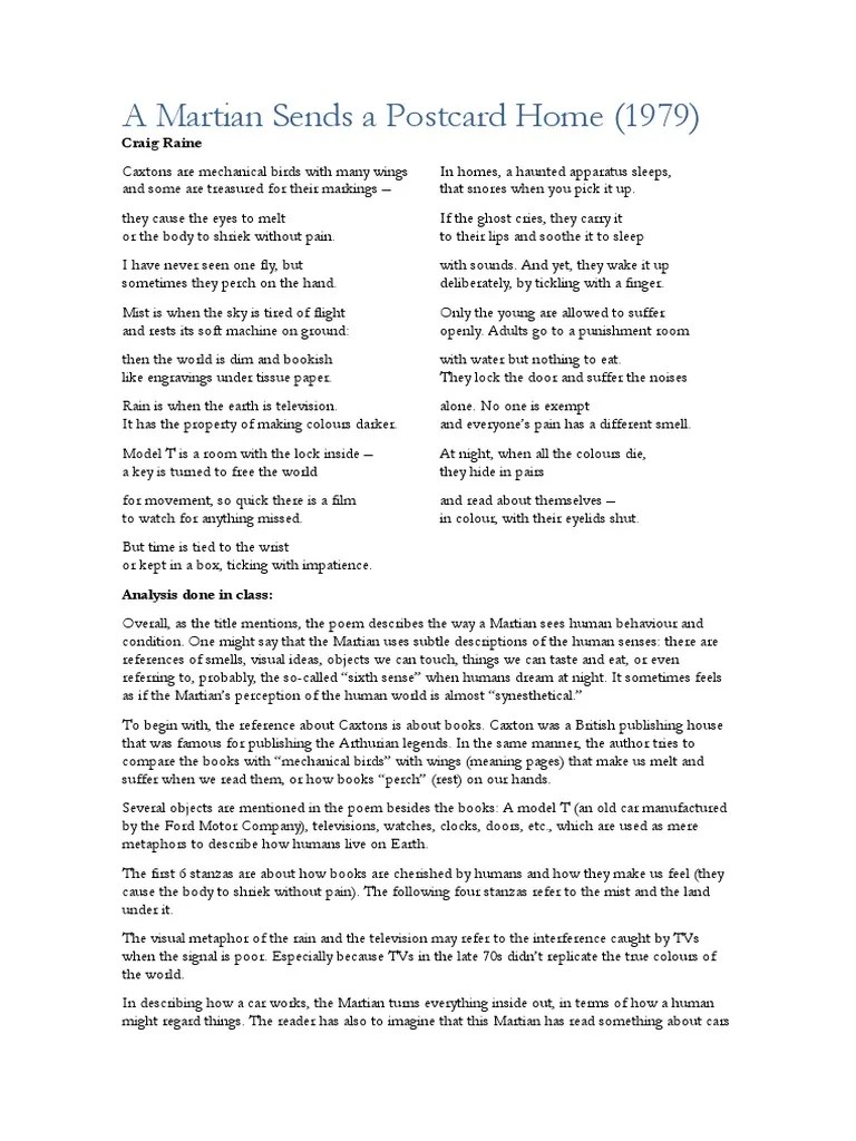 Analysis of "A Martian Sends A Postcard Home" by Craig Raine PDF Senses