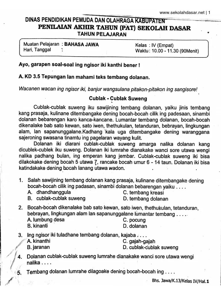 Soal Ulangan Bahasa Jawa Kelas 4 Semester 2 | PDF